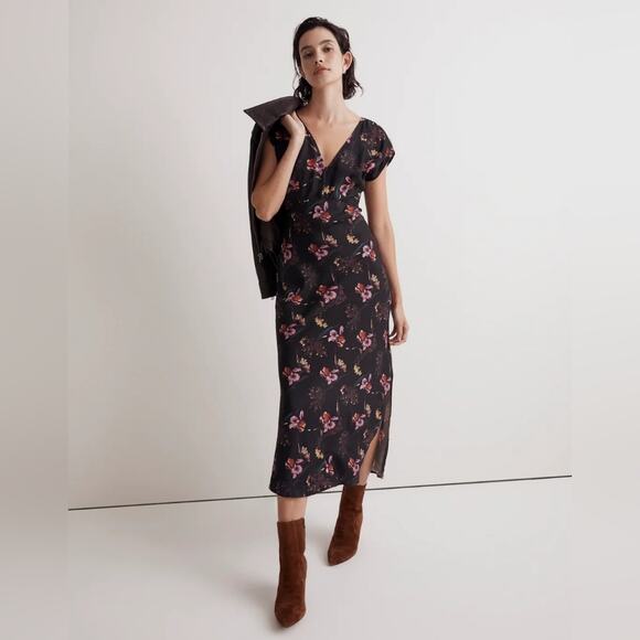 new Madewell Wide V-Neck Midi Dress floral black sz10 Printed Side Slit Sexy - Picture 1 of 12